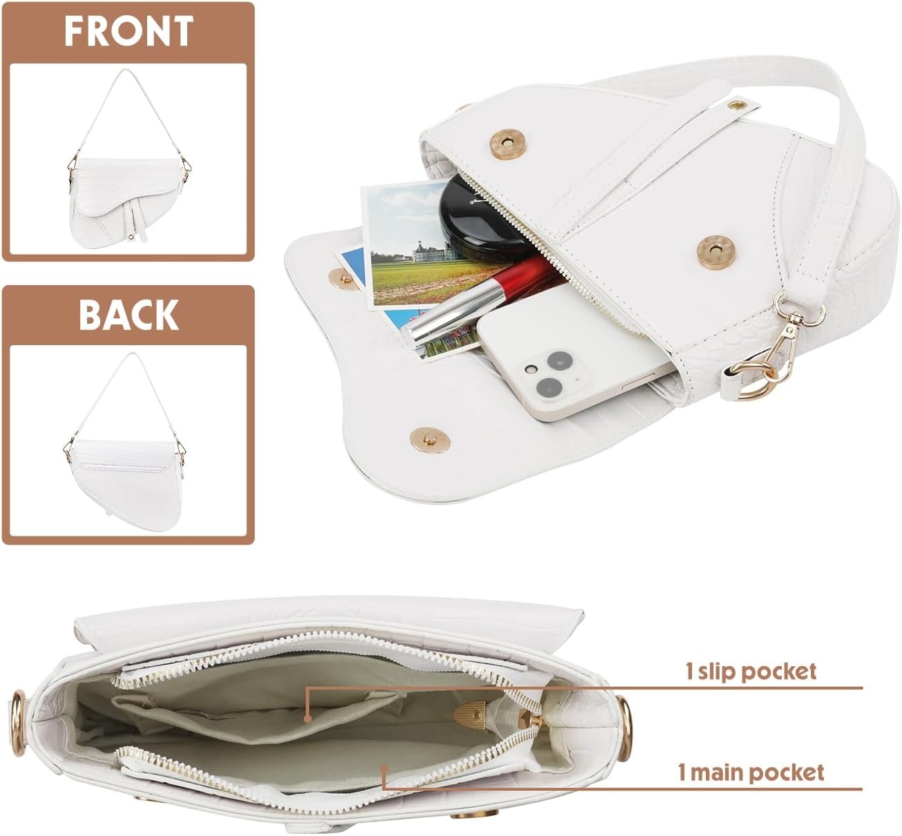 image:imageHDE Womens Saddle Shaped Convertible Shoulder Bag Trendy PU Leather Clutch Satchel Crossbody Purse HandbagWhite Crocodile