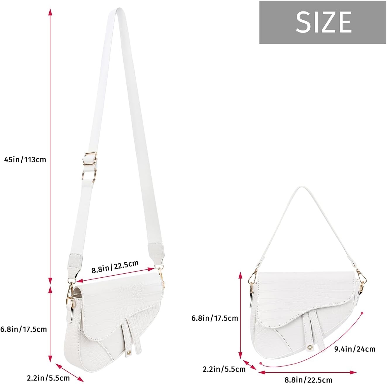 image:imageHDE Womens Saddle Shaped Convertible Shoulder Bag Trendy PU Leather Clutch Satchel Crossbody Purse HandbagWhite Crocodile