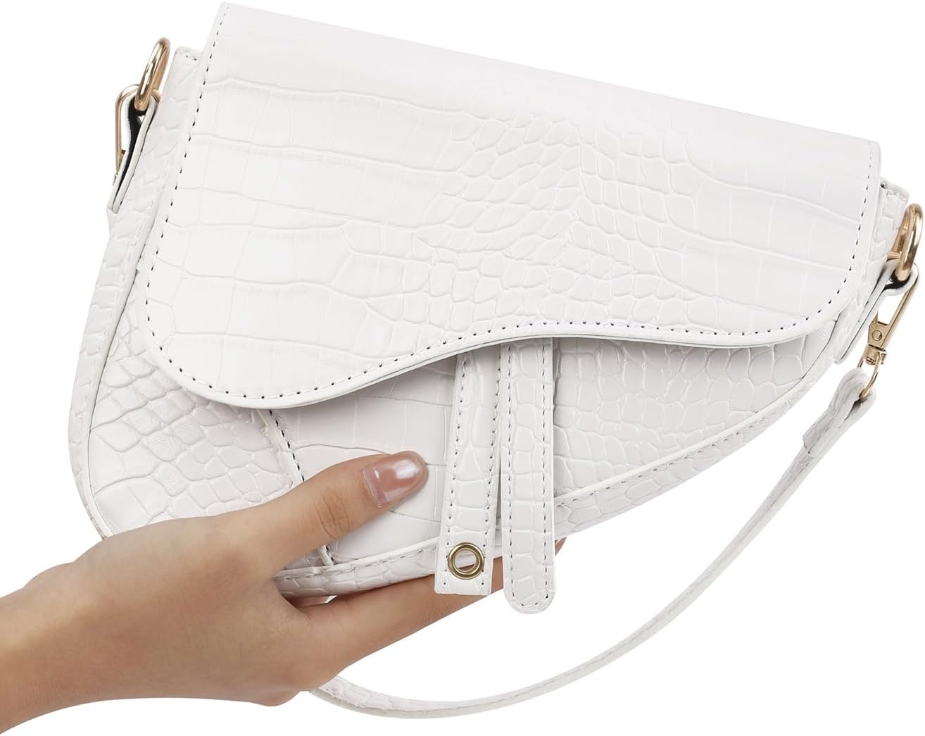 image:imageHDE Womens Saddle Shaped Convertible Shoulder Bag Trendy PU Leather Clutch Satchel Crossbody Purse HandbagWhite Crocodile