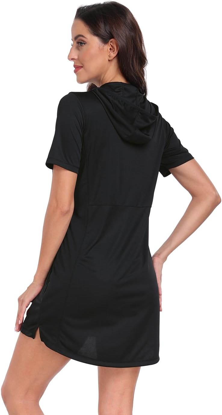 image:imageHDE Womens Short Sleeve Beach Coverup Dress with Hood UPF 50 Swim Cover UpBlack