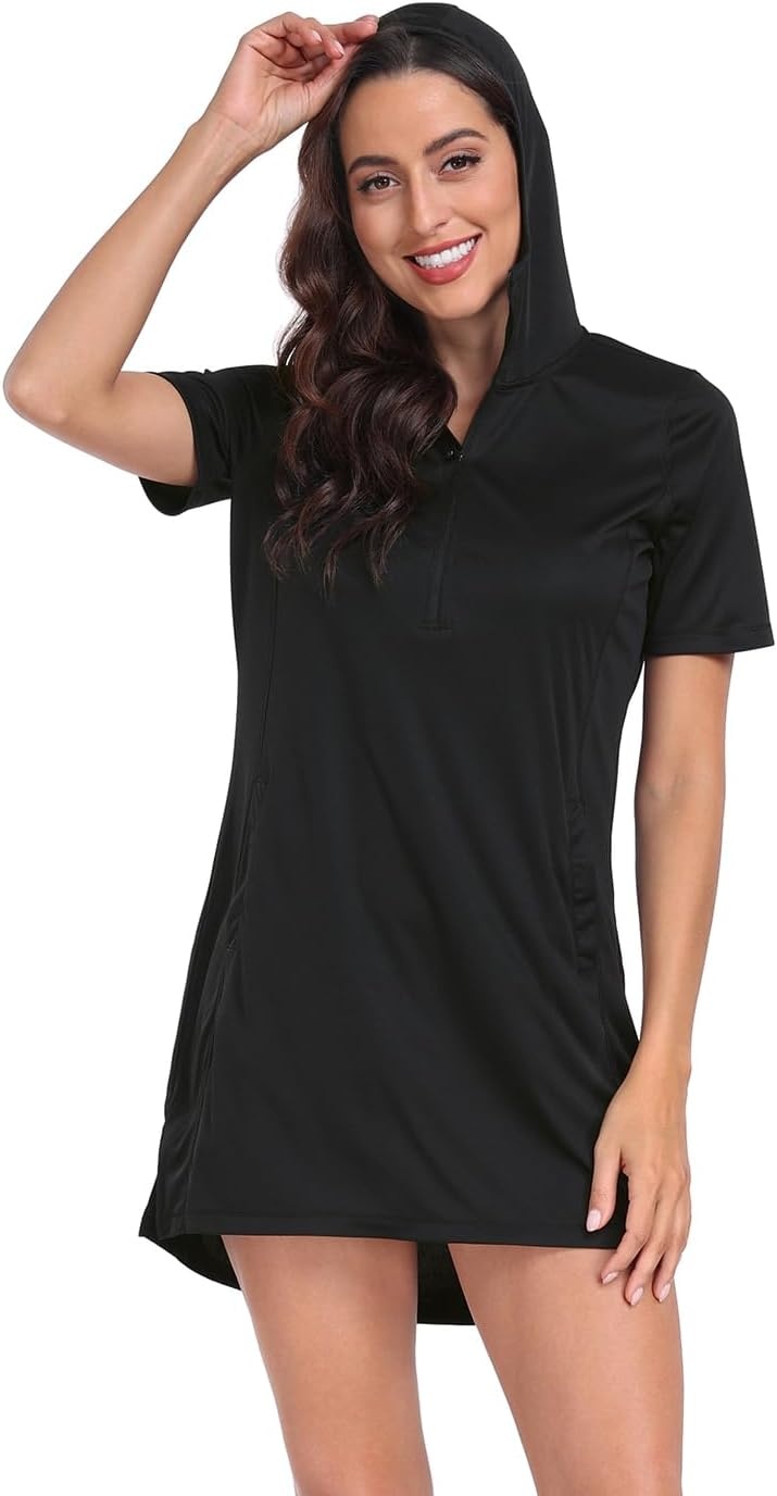 image:imageHDE Womens Short Sleeve Beach Coverup Dress with Hood UPF 50 Swim Cover UpBlack