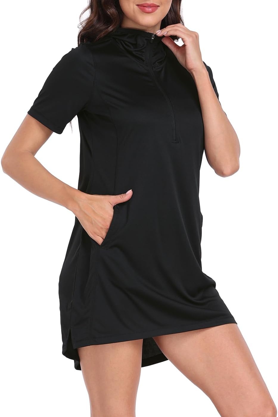 image:imageHDE Womens Short Sleeve Beach Coverup Dress with Hood UPF 50 Swim Cover UpBlack