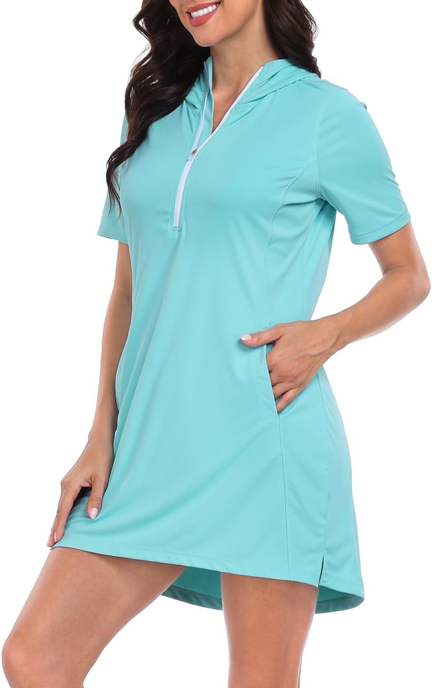 image:imageHDE Womens Short Sleeve Beach Coverup Dress with Hood UPF 50 Swim Cover UpBlue