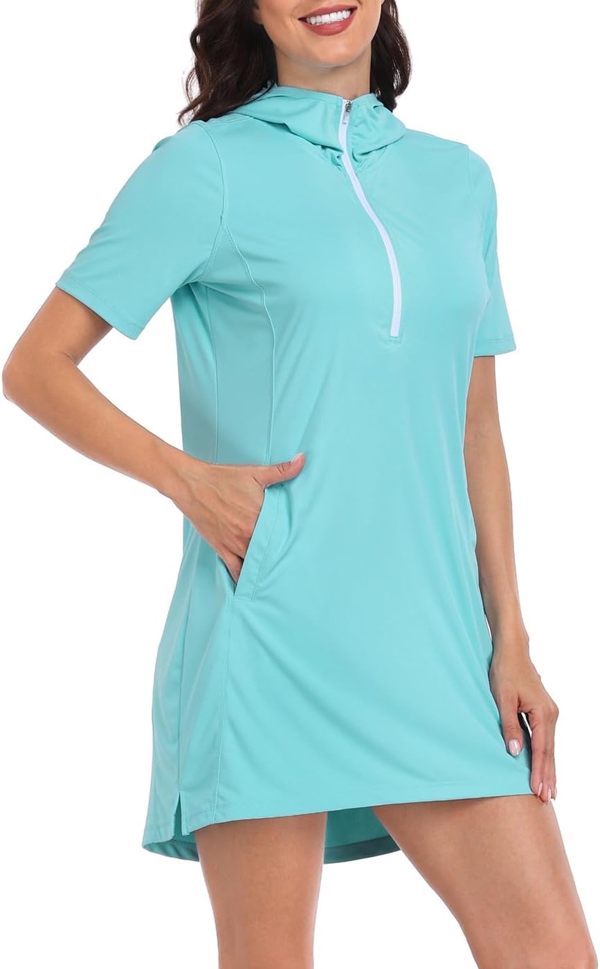 image:imageHDE Womens Short Sleeve Beach Coverup Dress with Hood UPF 50 Swim Cover UpBlue