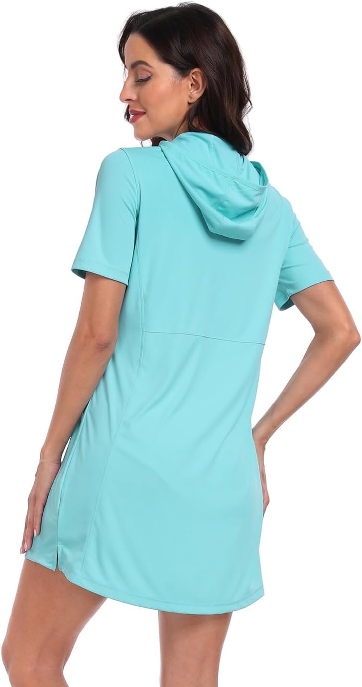 image:imageHDE Womens Short Sleeve Beach Coverup Dress with Hood UPF 50 Swim Cover UpBlue