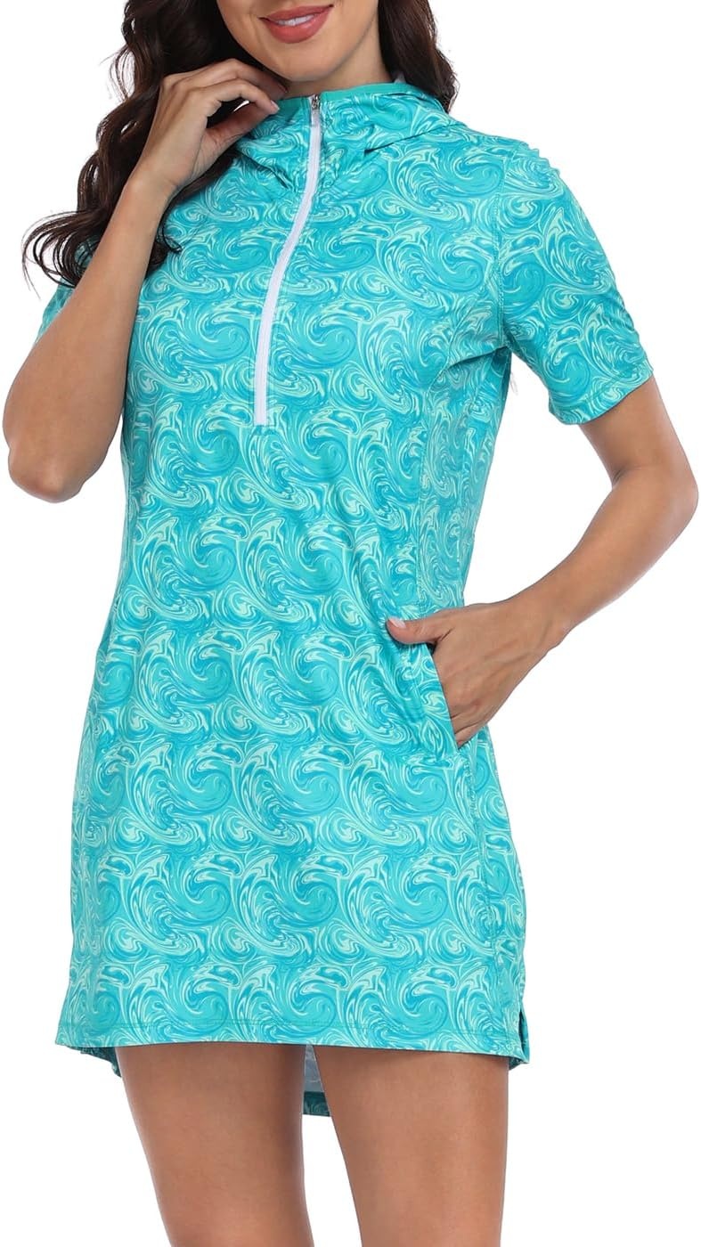 image:imageHDE Womens Short Sleeve Beach Coverup Dress with Hood UPF 50 Swim Cover UpOcean Swirl