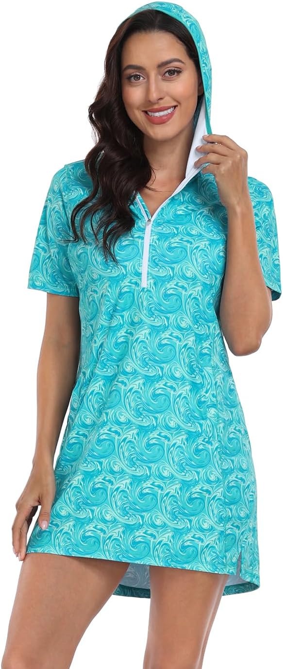 image:imageHDE Womens Short Sleeve Beach Coverup Dress with Hood UPF 50 Swim Cover UpOcean Swirl