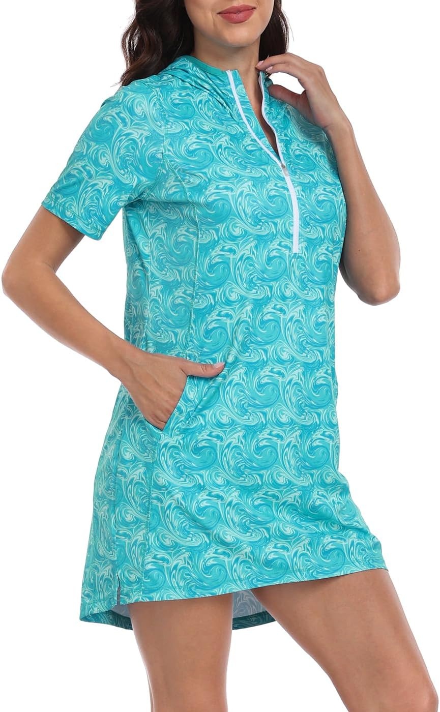 image:imageHDE Womens Short Sleeve Beach Coverup Dress with Hood UPF 50 Swim Cover UpOcean Swirl