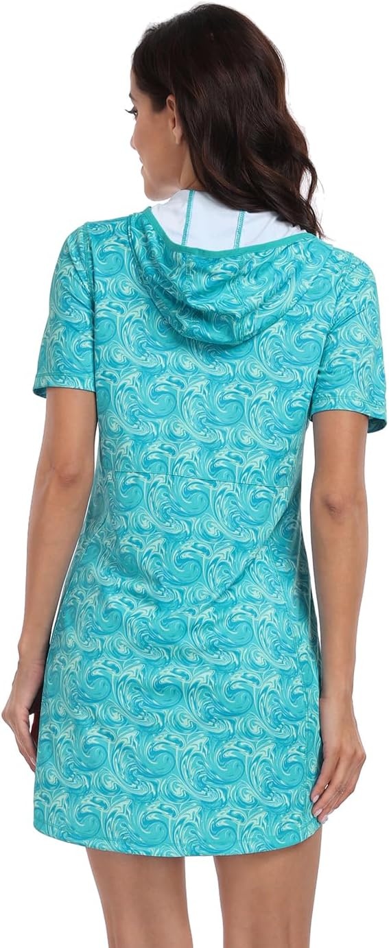 image:imageHDE Womens Short Sleeve Beach Coverup Dress with Hood UPF 50 Swim Cover UpOcean Swirl