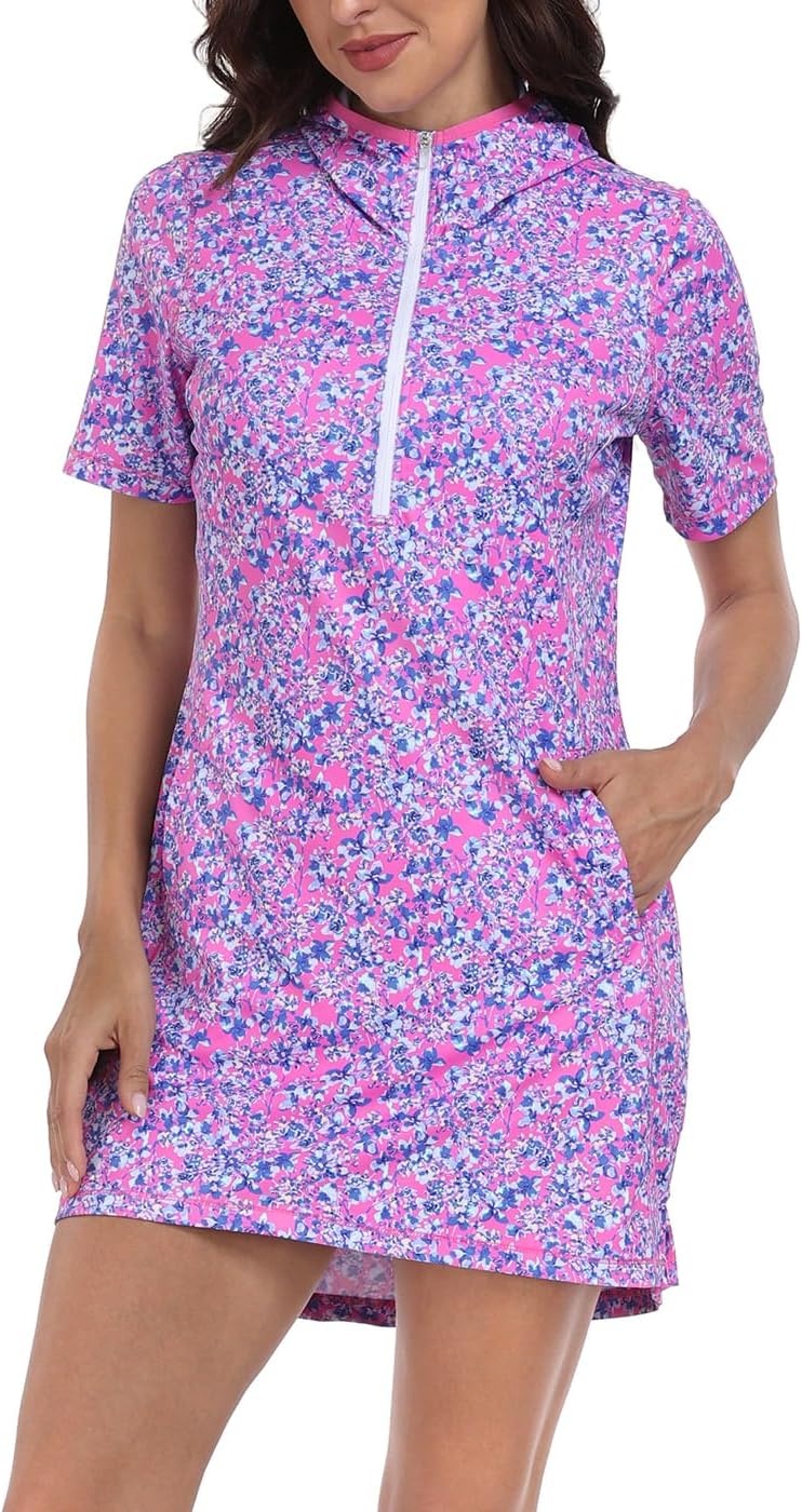 image:imageHDE Womens Short Sleeve Beach Coverup Dress with Hood UPF 50 Swim Cover UpPink Floral