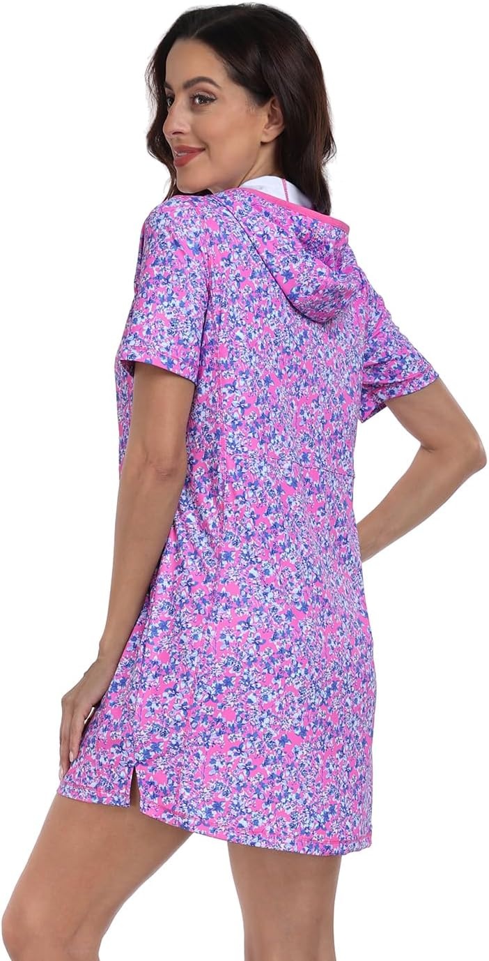 image:imageHDE Womens Short Sleeve Beach Coverup Dress with Hood UPF 50 Swim Cover UpPink Floral