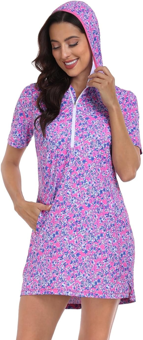 image:imageHDE Womens Short Sleeve Beach Coverup Dress with Hood UPF 50 Swim Cover UpPink Floral