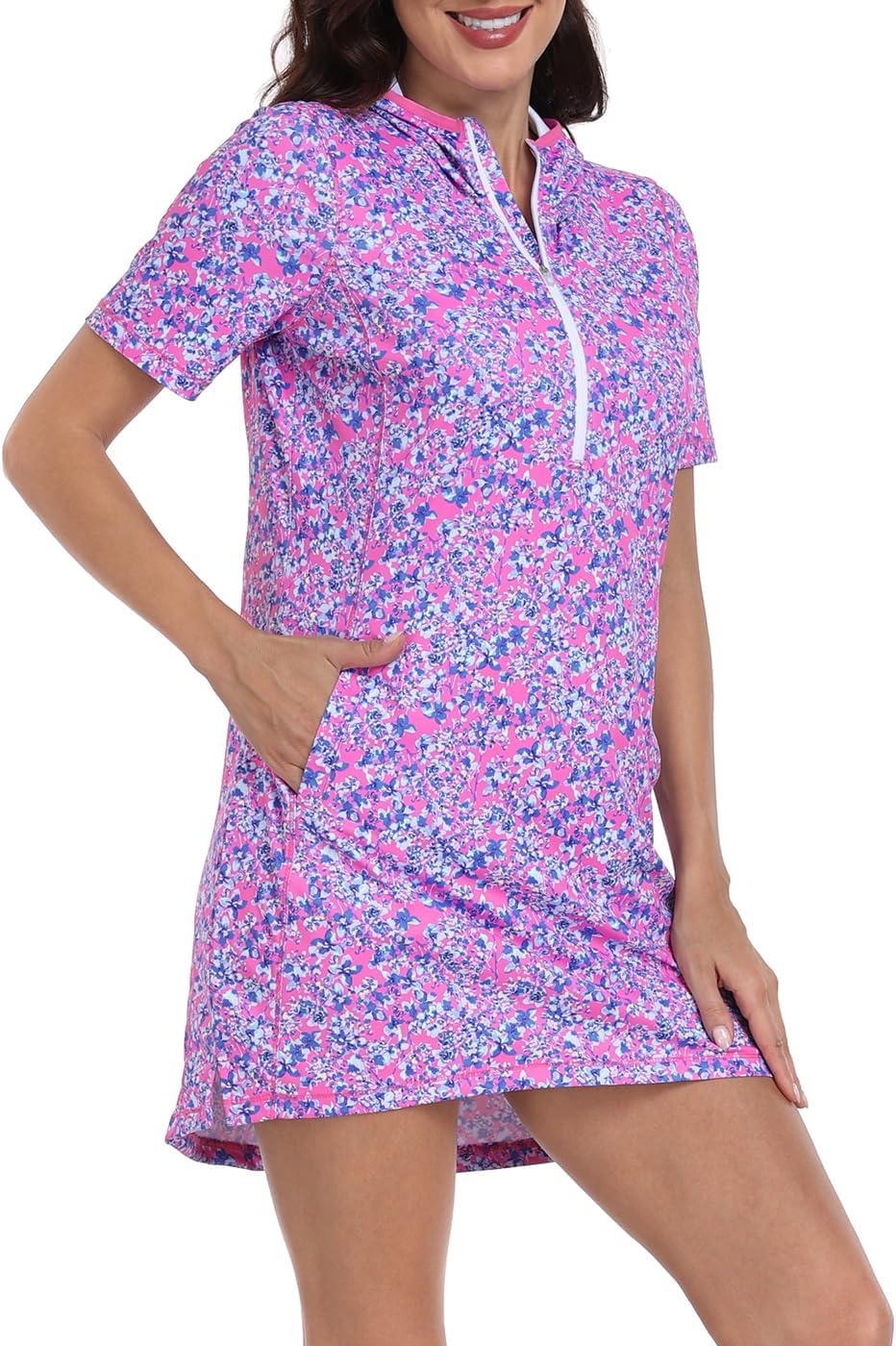 image:imageHDE Womens Short Sleeve Beach Coverup Dress with Hood UPF 50 Swim Cover UpPink Floral