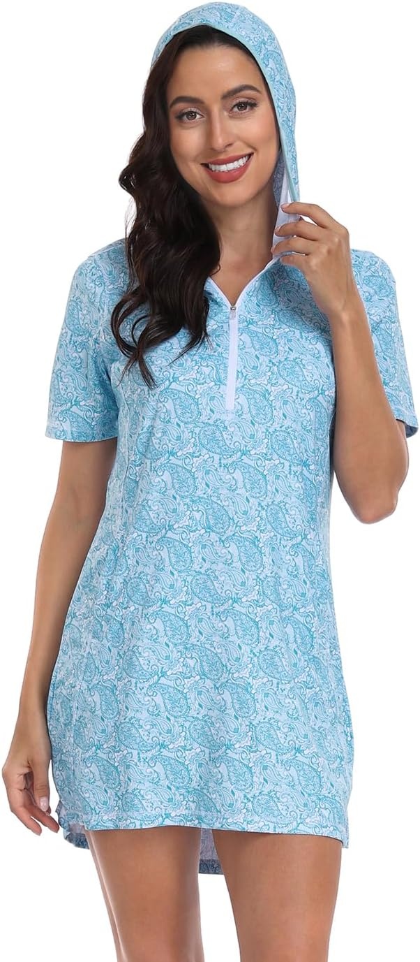 image:imageHDE Womens Short Sleeve Beach Coverup Dress with Hood UPF 50 Swim Cover UpTeal Paisley