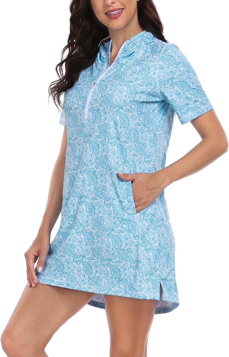 image:imageHDE Womens Short Sleeve Beach Coverup Dress with Hood UPF 50 Swim Cover UpTeal Paisley