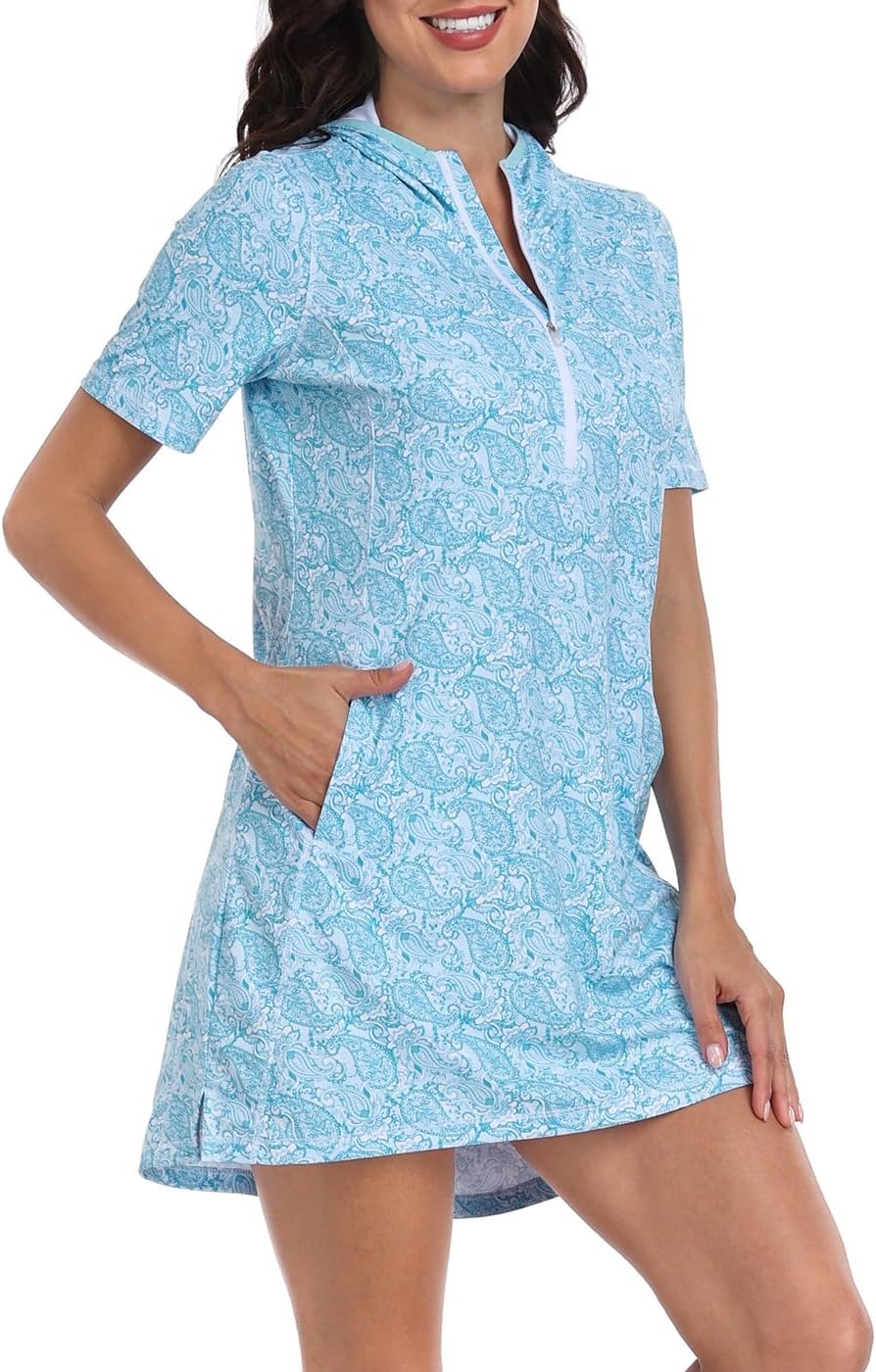 image:imageHDE Womens Short Sleeve Beach Coverup Dress with Hood UPF 50 Swim Cover UpTeal Paisley