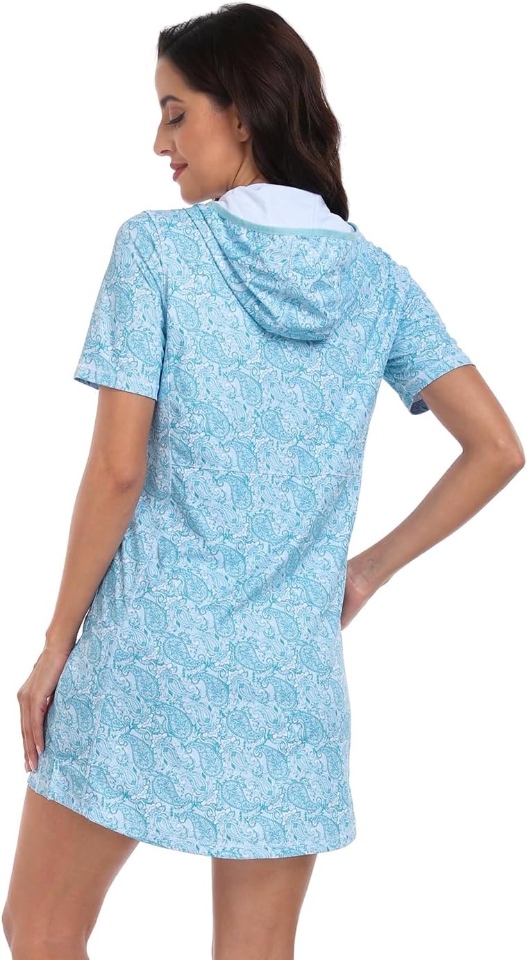 image:imageHDE Womens Short Sleeve Beach Coverup Dress with Hood UPF 50 Swim Cover UpTeal Paisley