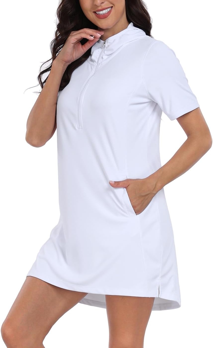 image:imageHDE Womens Short Sleeve Beach Coverup Dress with Hood UPF 50 Swim Cover UpWhite