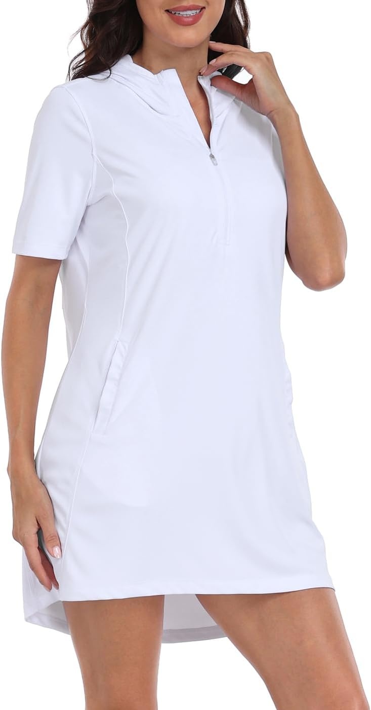 image:imageHDE Womens Short Sleeve Beach Coverup Dress with Hood UPF 50 Swim Cover UpWhite