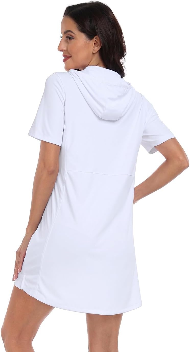image:imageHDE Womens Short Sleeve Beach Coverup Dress with Hood UPF 50 Swim Cover UpWhite