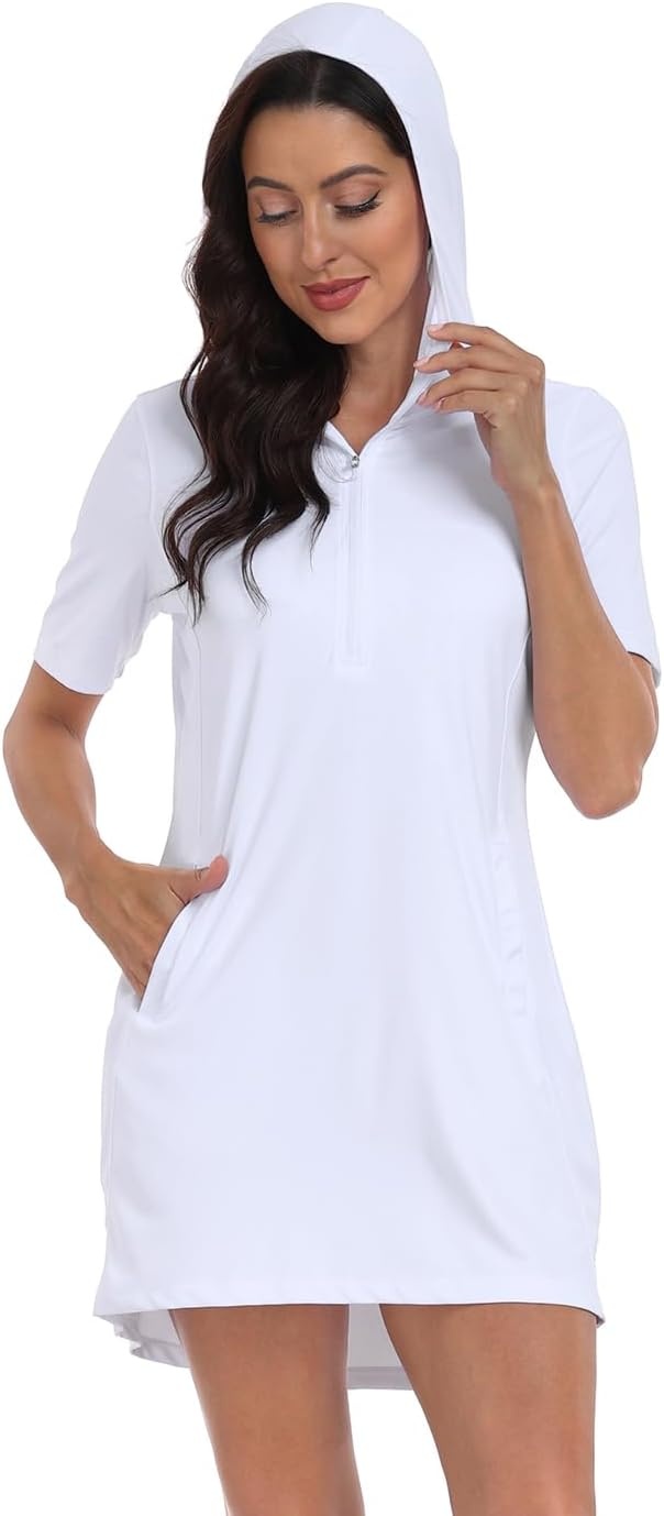 image:imageHDE Womens Short Sleeve Beach Coverup Dress with Hood UPF 50 Swim Cover UpWhite