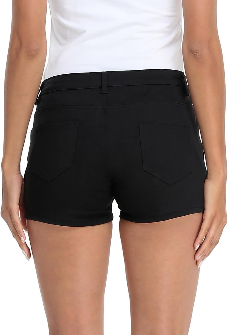 image:imageHDE Womens Solid Color Ultra Stretch Fitted Low Rise Moleton Denim Booty ShortsBlack