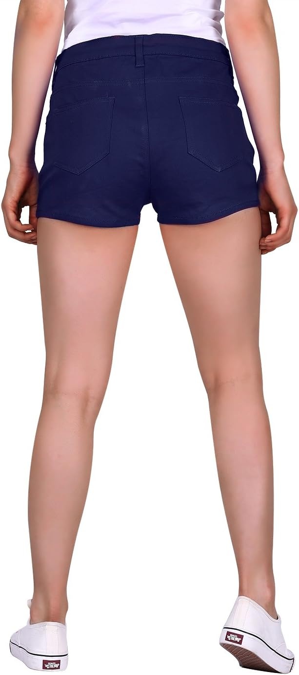 image:imageHDE Womens Solid Color Ultra Stretch Fitted Low Rise Moleton Denim Booty ShortsNavy