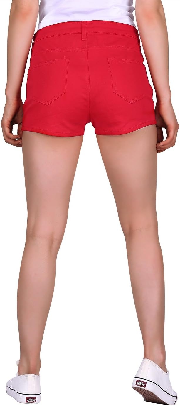 image:imageHDE Womens Solid Color Ultra Stretch Fitted Low Rise Moleton Denim Booty ShortsRed
