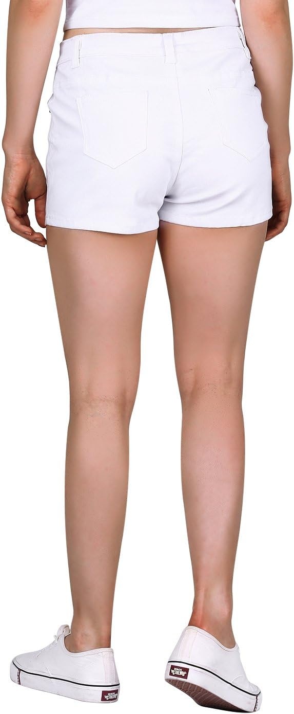 image:imageHDE Womens Solid Color Ultra Stretch Fitted Low Rise Moleton Denim Booty ShortsWhite