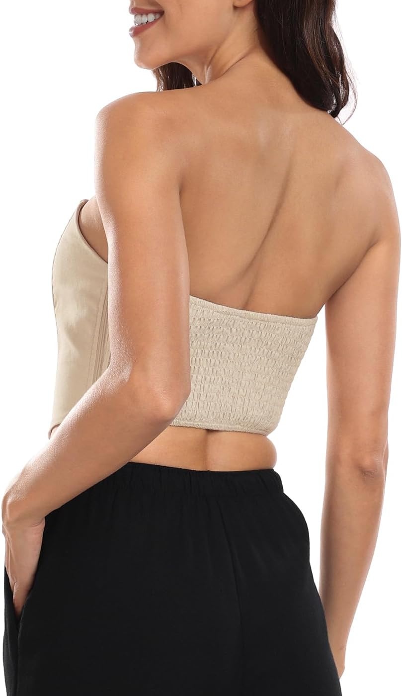 image:imageHDE Womens Strapless Linen Corset Y2K Crop Top Bustier Body Shaper Bandeau TopBeige