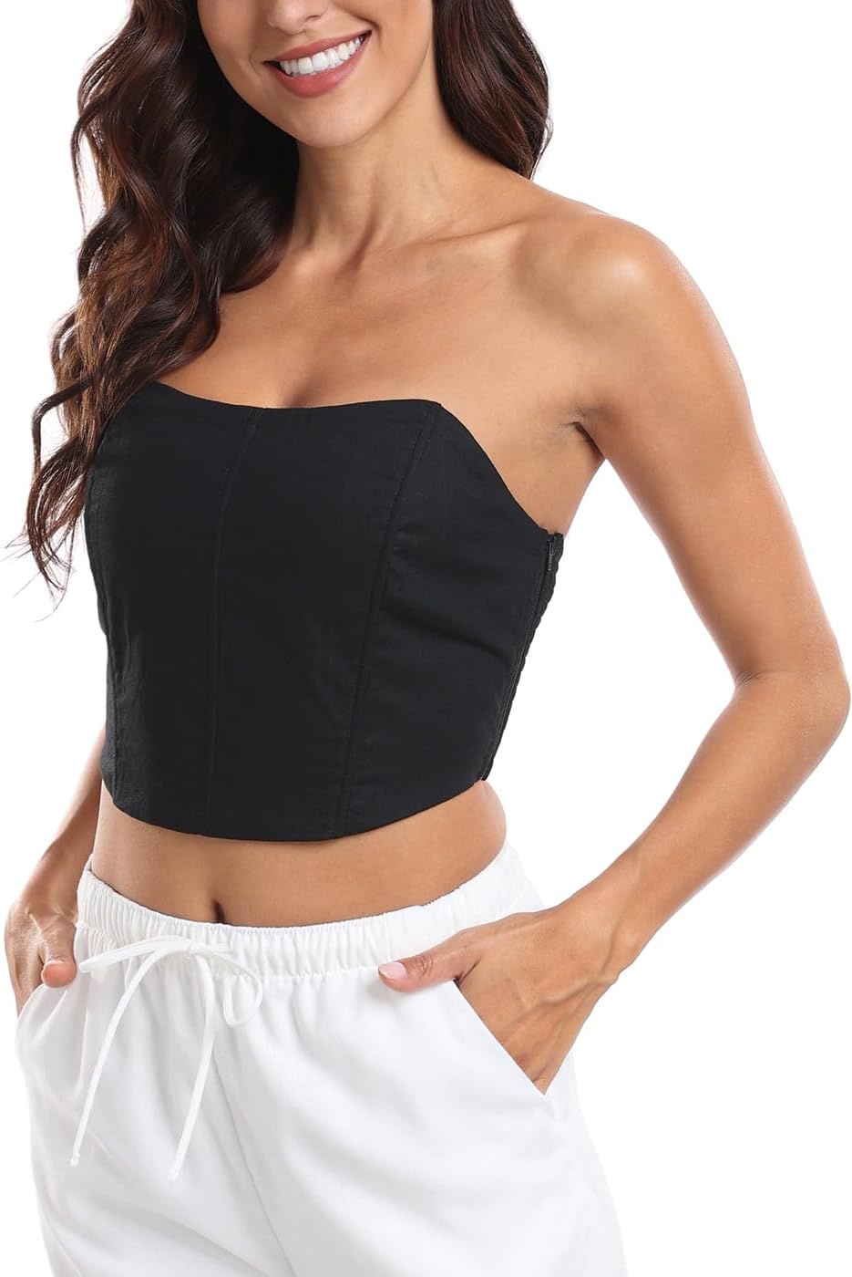 image:imageHDE Womens Strapless Linen Corset Y2K Crop Top Bustier Body Shaper Bandeau TopBlack