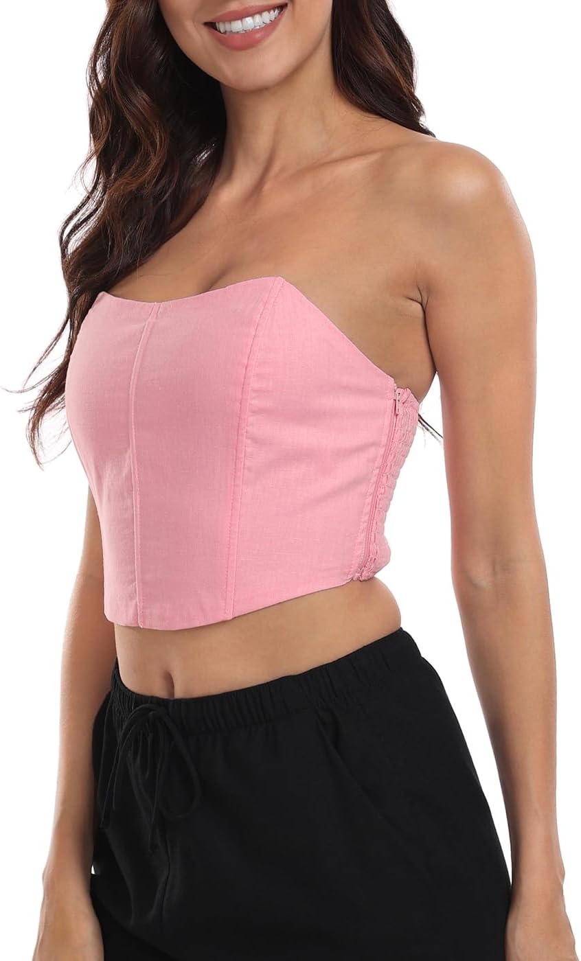 image:imageHDE Womens Strapless Linen Corset Y2K Crop Top Bustier Body Shaper Bandeau TopPink