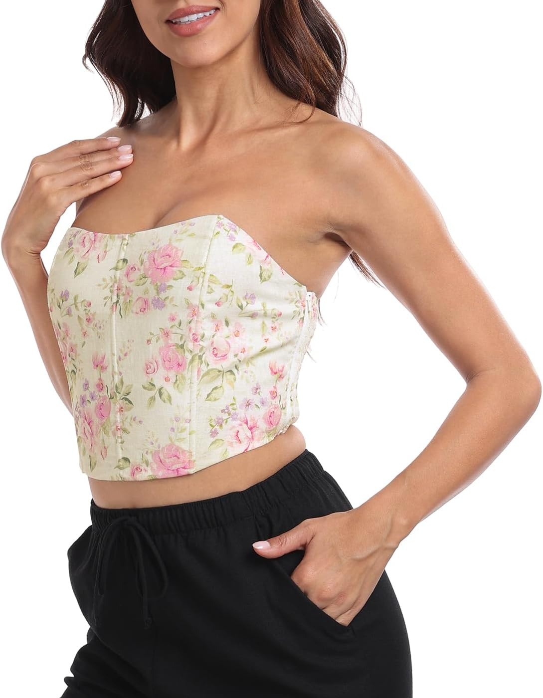 image:imageHDE Womens Strapless Linen Corset Y2K Crop Top Bustier Body Shaper Bandeau TopVintage Floral