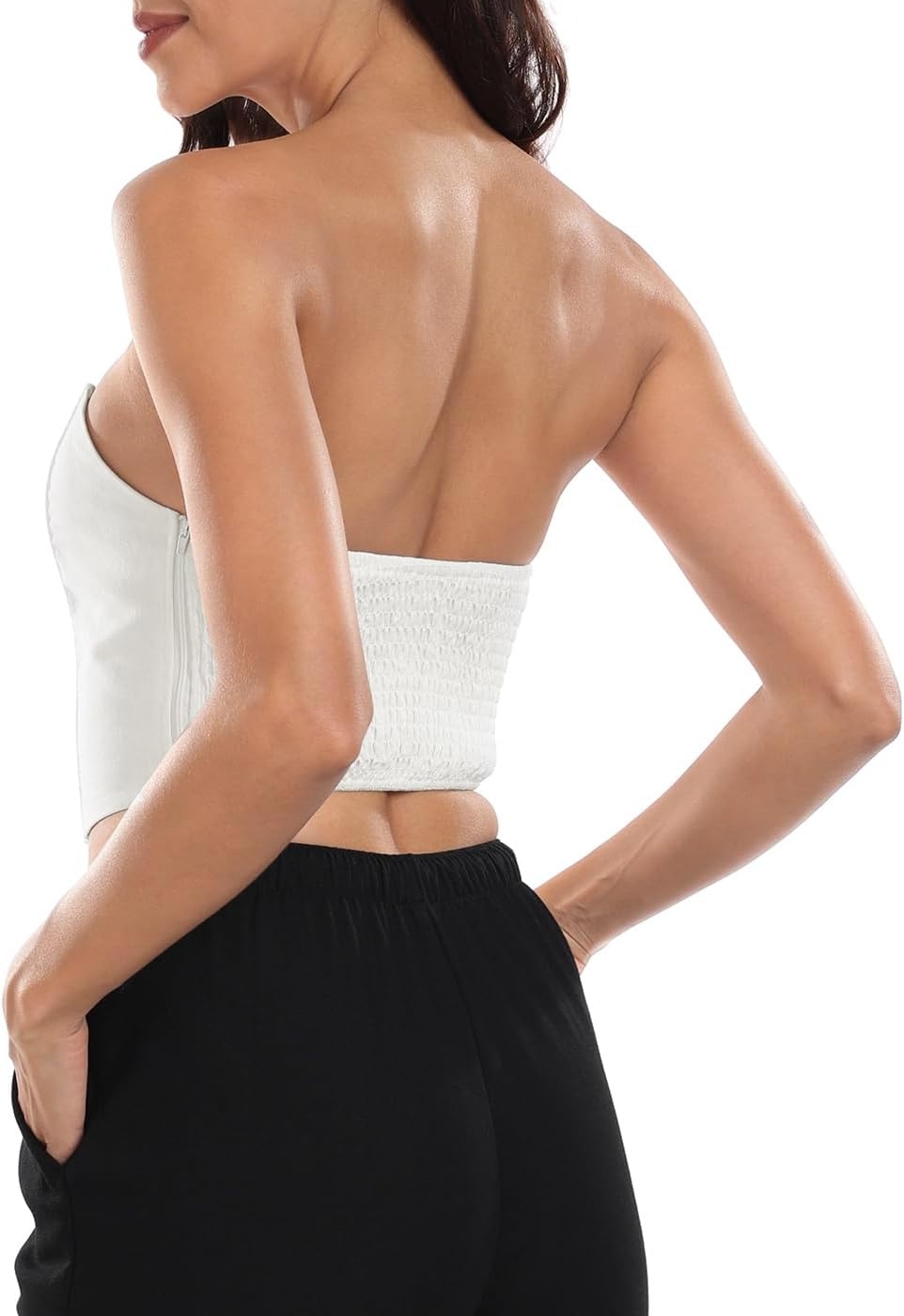 image:imageHDE Womens Strapless Linen Corset Y2K Crop Top Bustier Body Shaper Bandeau TopWhite