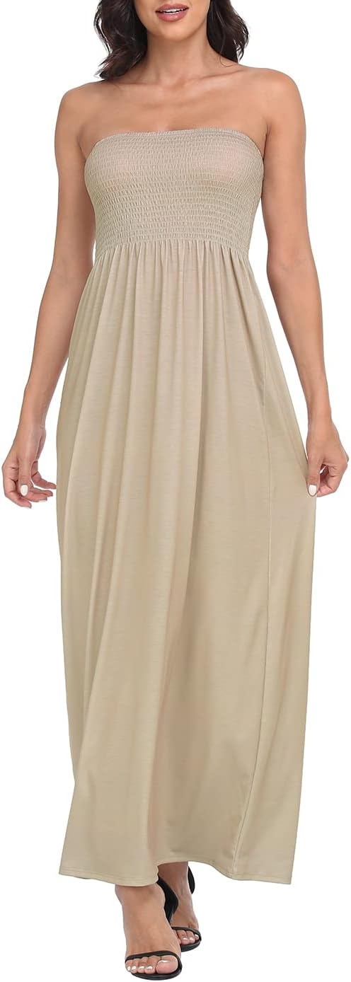 image:imageHDE Womens Strapless Maxi Dress Plus Size Summer Sundress Smocked Tube Top Long Skirt Dress Boho Beach Cover UpBeige