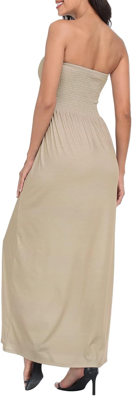 image:imageHDE Womens Strapless Maxi Dress Plus Size Summer Sundress Smocked Tube Top Long Skirt Dress Boho Beach Cover UpBeige