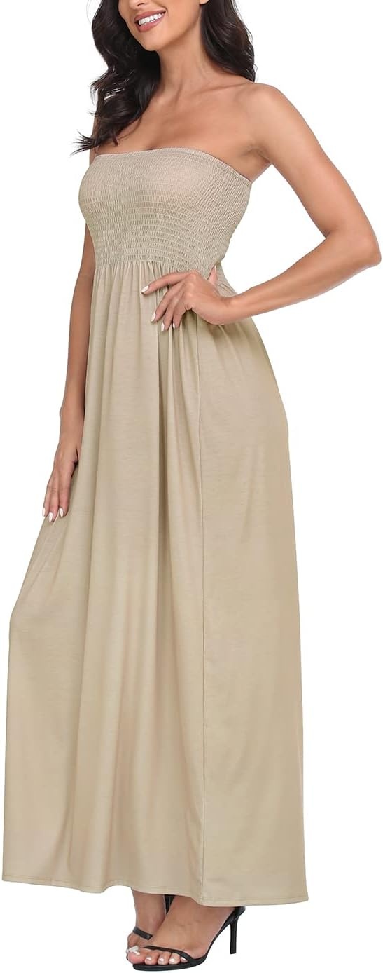 image:imageHDE Womens Strapless Maxi Dress Plus Size Summer Sundress Smocked Tube Top Long Skirt Dress Boho Beach Cover UpBeige