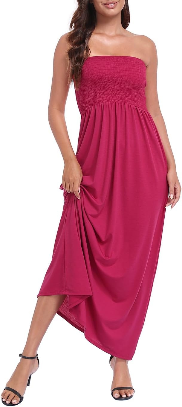 image:imageHDE Womens Strapless Maxi Dress Plus Size Summer Sundress Smocked Tube Top Long Skirt Dress Boho Beach Cover UpBerry Red