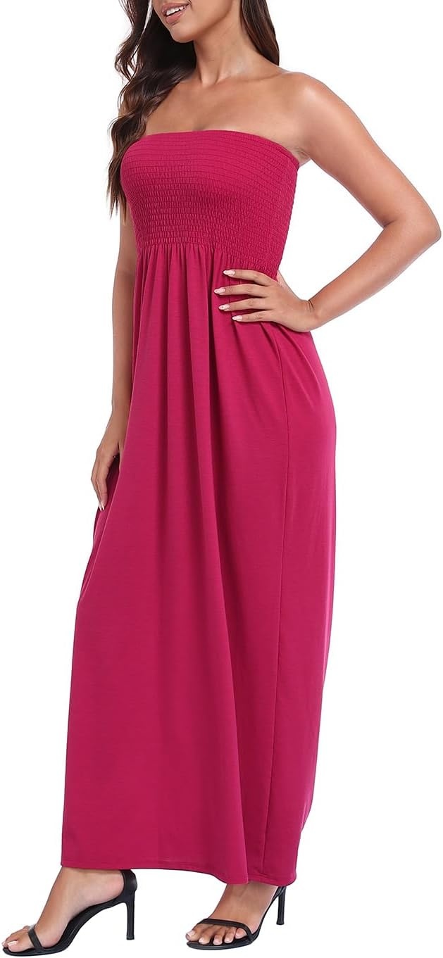 image:imageHDE Womens Strapless Maxi Dress Plus Size Summer Sundress Smocked Tube Top Long Skirt Dress Boho Beach Cover UpBerry Red