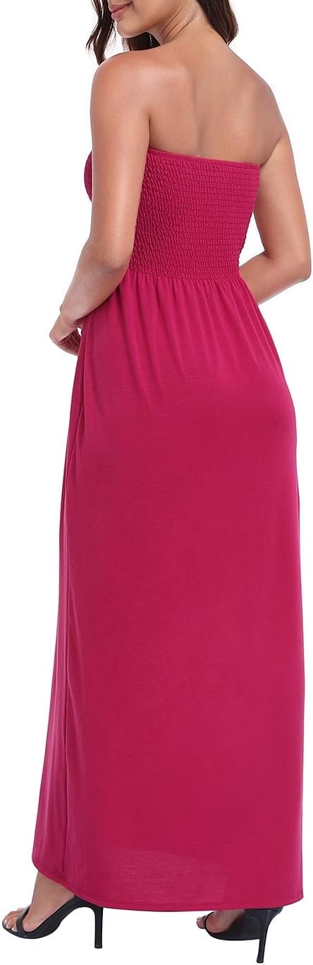 image:imageHDE Womens Strapless Maxi Dress Plus Size Summer Sundress Smocked Tube Top Long Skirt Dress Boho Beach Cover UpBerry Red