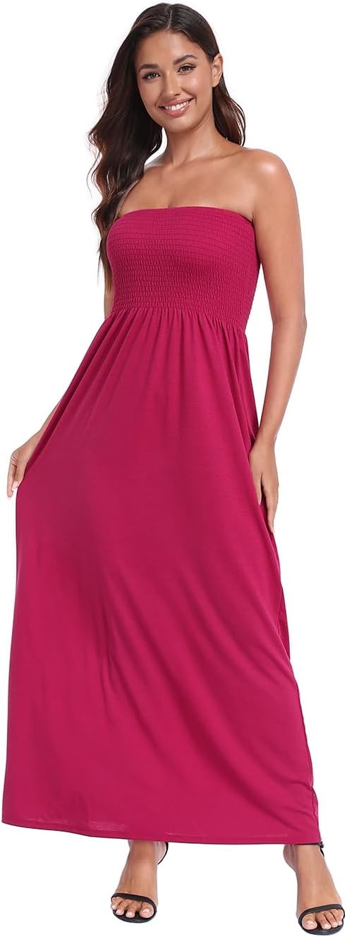 image:imageHDE Womens Strapless Maxi Dress Plus Size Summer Sundress Smocked Tube Top Long Skirt Dress Boho Beach Cover UpBerry Red