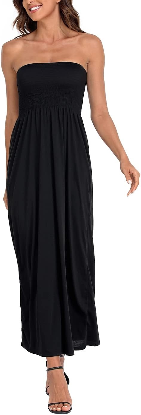image:imageHDE Womens Strapless Maxi Dress Plus Size Summer Sundress Smocked Tube Top Long Skirt Dress Boho Beach Cover UpBlack