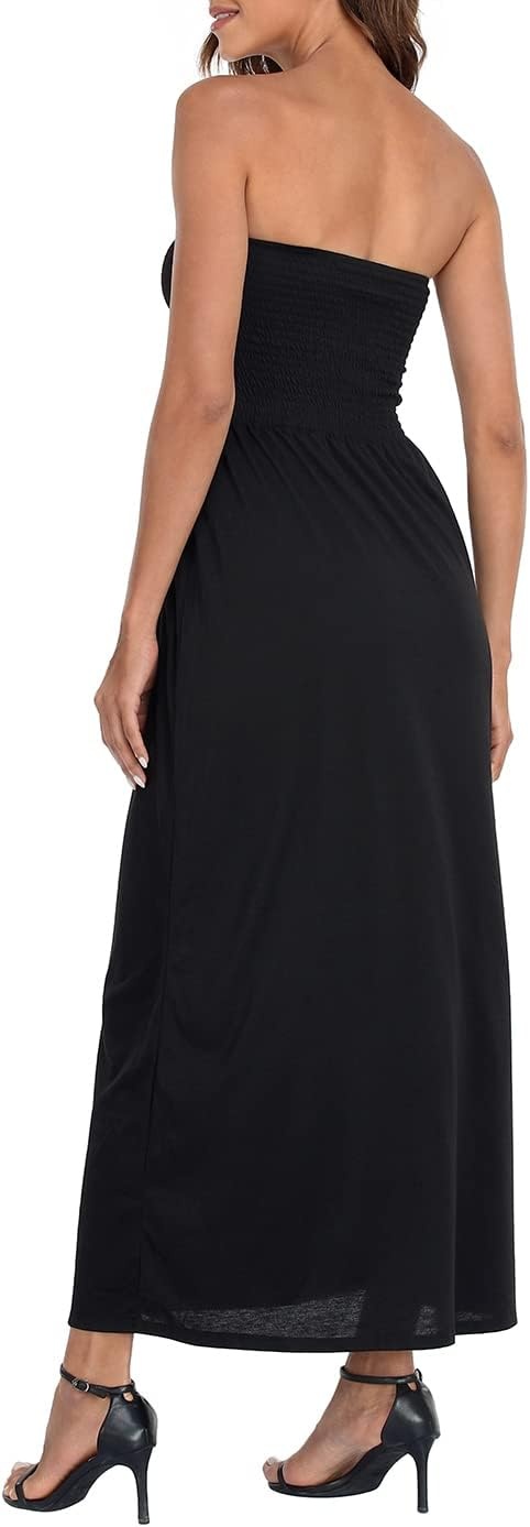 image:imageHDE Womens Strapless Maxi Dress Plus Size Summer Sundress Smocked Tube Top Long Skirt Dress Boho Beach Cover UpBlack