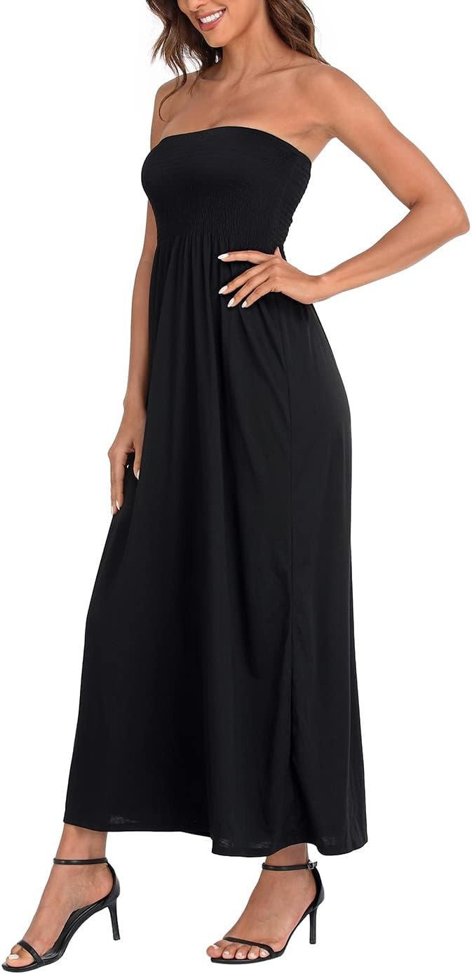 image:imageHDE Womens Strapless Maxi Dress Plus Size Summer Sundress Smocked Tube Top Long Skirt Dress Boho Beach Cover UpBlack
