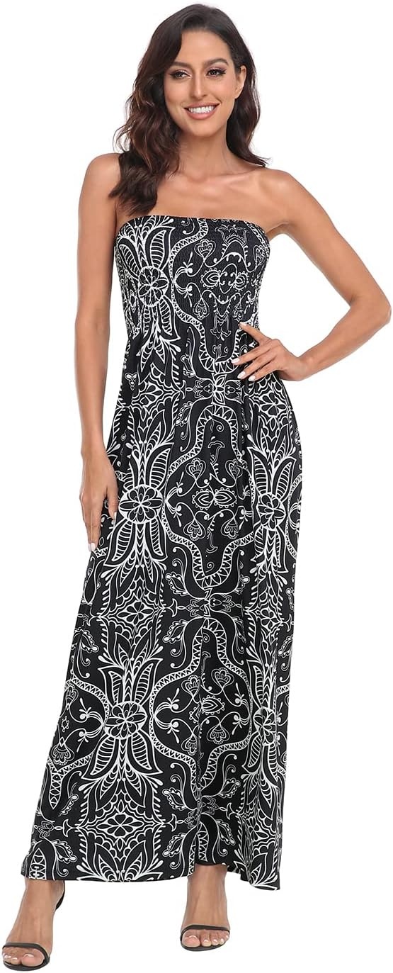 image:imageHDE Womens Strapless Maxi Dress Plus Size Summer Sundress Smocked Tube Top Long Skirt Dress Boho Beach Cover UpBlack Abstract