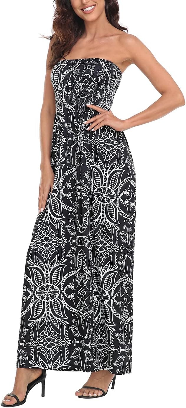 image:imageHDE Womens Strapless Maxi Dress Plus Size Summer Sundress Smocked Tube Top Long Skirt Dress Boho Beach Cover UpBlack Abstract