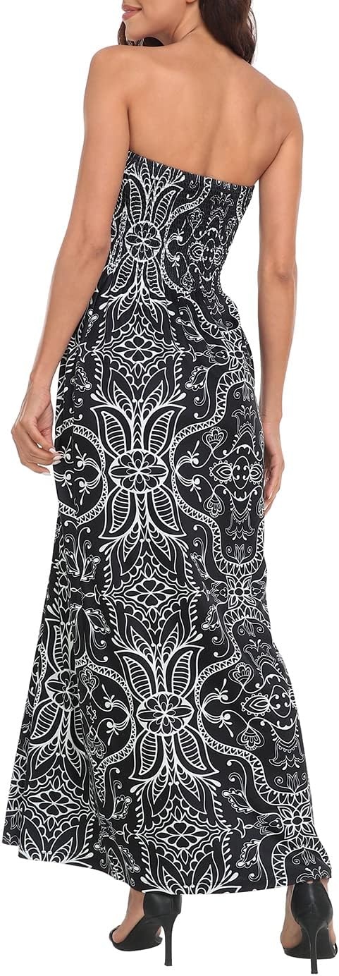 image:imageHDE Womens Strapless Maxi Dress Plus Size Summer Sundress Smocked Tube Top Long Skirt Dress Boho Beach Cover UpBlack Abstract