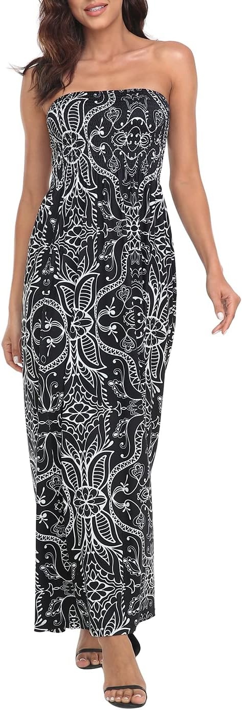 image:imageHDE Womens Strapless Maxi Dress Plus Size Summer Sundress Smocked Tube Top Long Skirt Dress Boho Beach Cover UpBlack Abstract