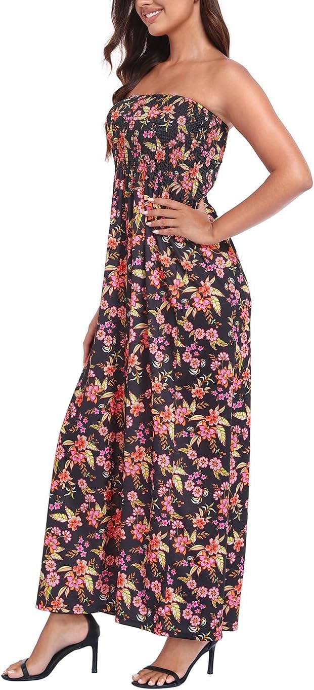 image:imageHDE Womens Strapless Maxi Dress Plus Size Summer Sundress Smocked Tube Top Long Skirt Dress Boho Beach Cover UpBlack Boho Floral