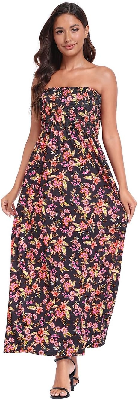 image:imageHDE Womens Strapless Maxi Dress Plus Size Summer Sundress Smocked Tube Top Long Skirt Dress Boho Beach Cover UpBlack Boho Floral